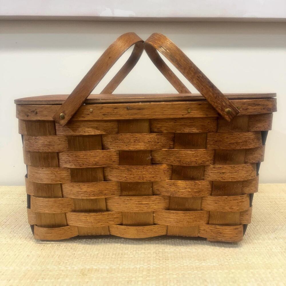 Vintage Midcentury Woven Wood Picnic Basket with Double Handles and Lid